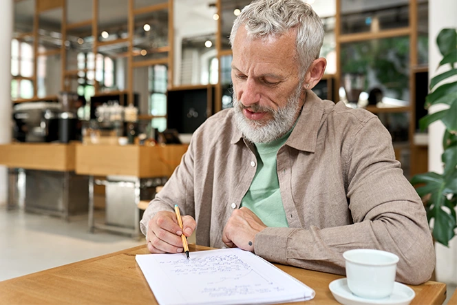 Senhor de barba branca sentado à mesa, com caneta na mão a tomar notas num caderno e com chávena em cima da mesa