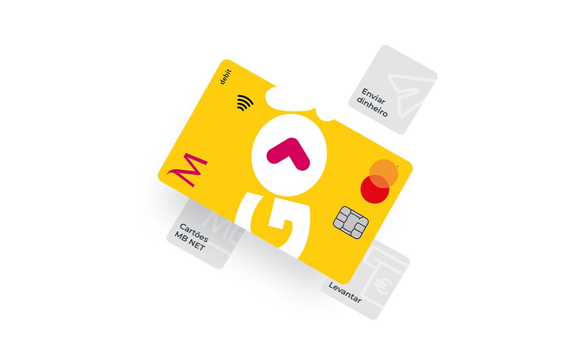 GO! Debit card with MB NET symbols: MB NET cards, Withdraw, and Send money