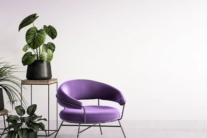 cadeira de design, roxa, em frente a vasos com plantas