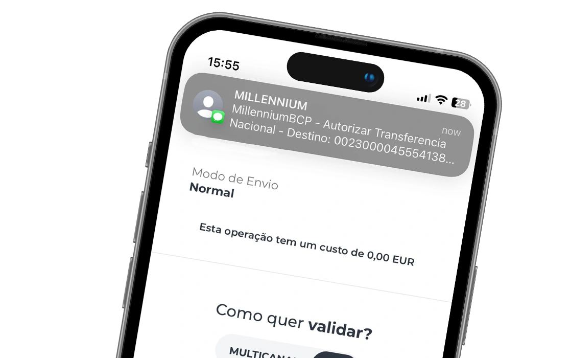 écran da App Millennium com SMS para validar transferência