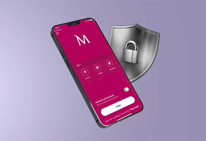 Mobile phone with the Millennium app and an illustration of a shield with a padlock