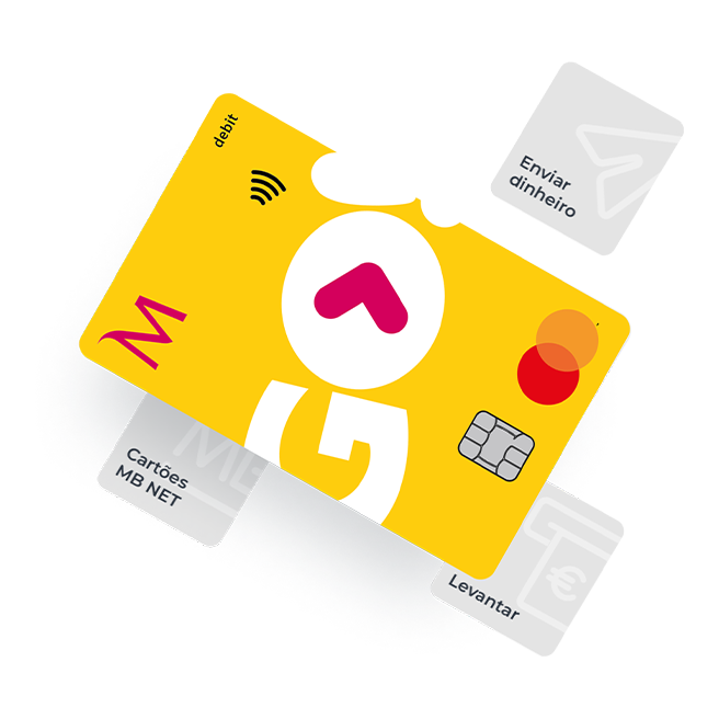 imagem de cartão GO! Débito com símbolos MB NET: Cartões MB NET, Levantar e Enviar dinheiro