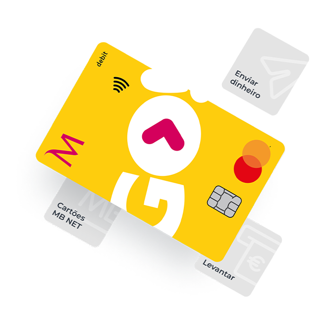 GO! Debit card with MB NET symbols: MB NET cards, Withdraw, and Send money