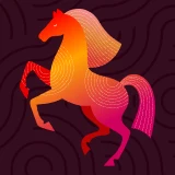 Imagem com fundo bordeaux e cavalo estilizado, com pedras preciosas e barras de ouro