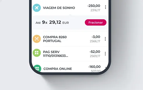 Ecrã de fracionar pagamento na App Millennium