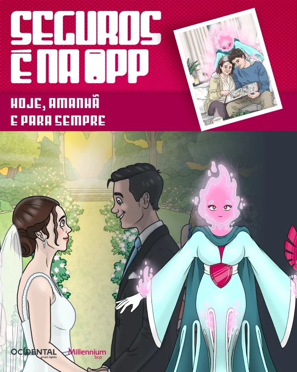 Capa da BD "Seguros é na app. Hoje, amanhã e sempre", com a YOLO! presente no casamento de um casal.