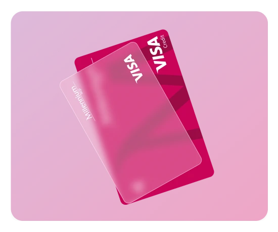 Cartão Classic sobreposto pelo cartão digital, ambos a flutuar num fundo cerise