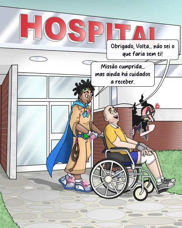 O super-herói Volta empurra um homem em cadeira de rodas à entrada do hospital.