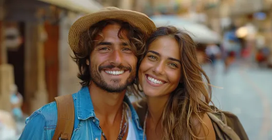 Casal sorridente a viajar