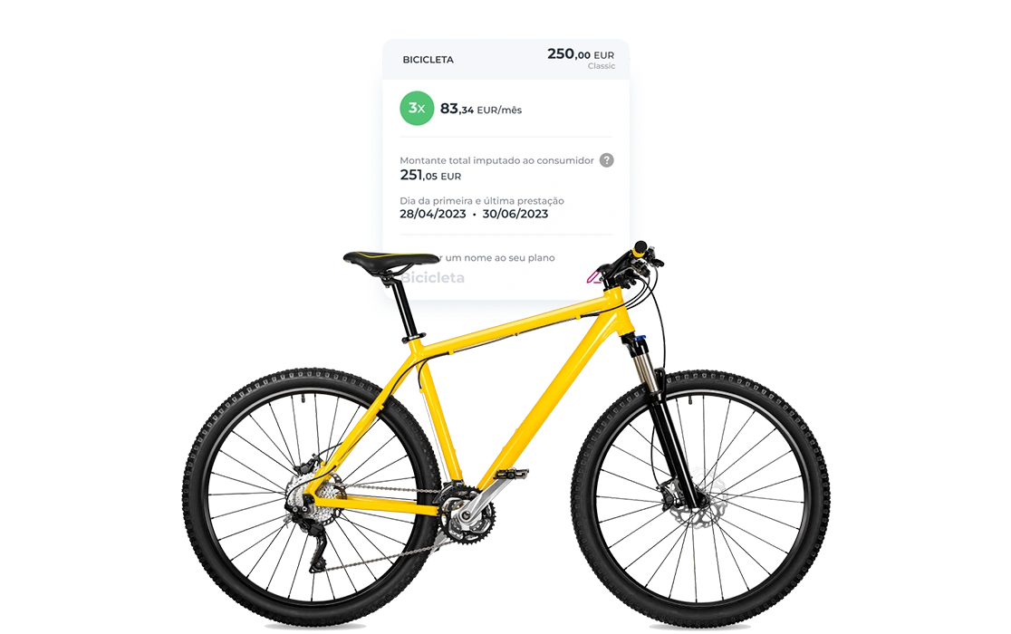 bicicleta amarela, com ilustração do fracionamento de pagamentos na App Millennium
