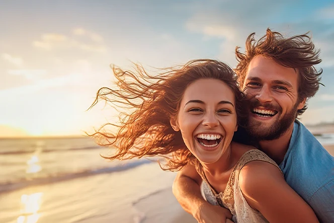 casal sorridente, abraçado, na praia ao pôr do sol