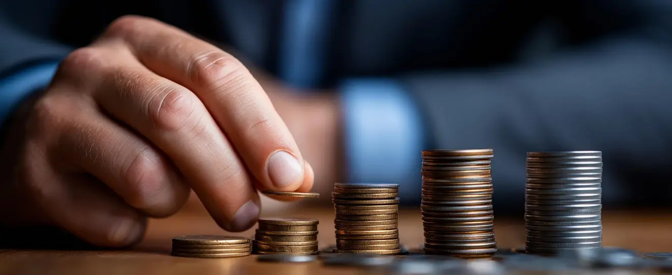 Mão a empilhar moedas em pilhas crescentes, simbolizando poupança