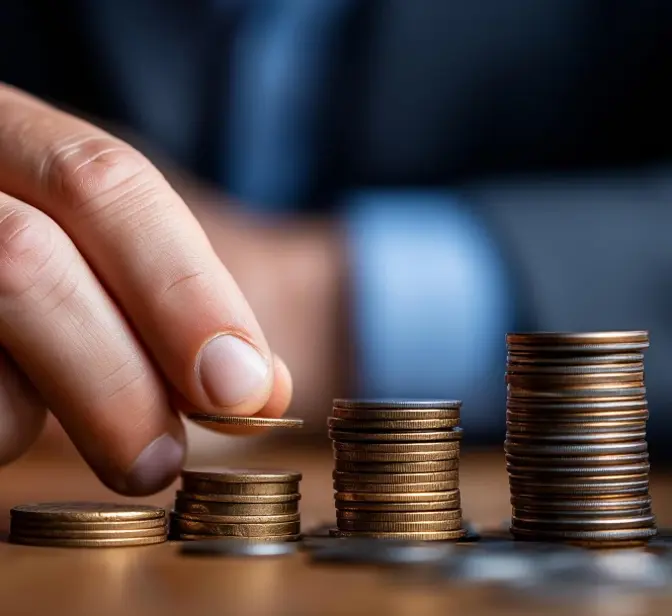 Mão a empilhar moedas em pilhas crescentes, simbolizando poupança