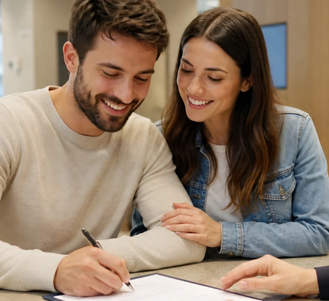 Casal sorridente assina um documento numa reunião com uma consultora