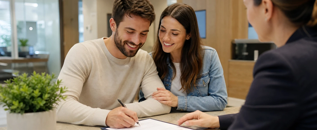 Casal sorridente assina um documento numa reunião com uma consultora