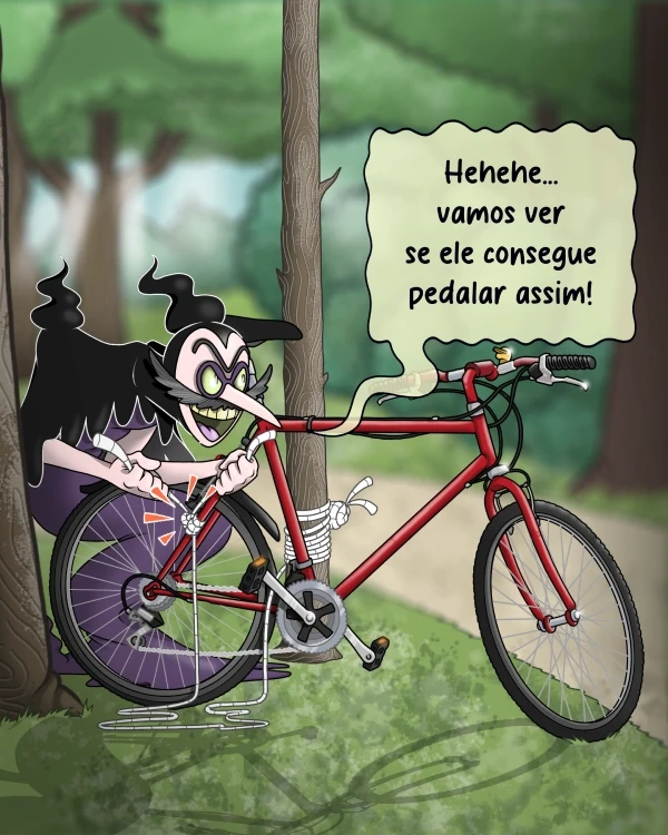 Vilão a sabotar uma bicicleta vermelha amarrada a uma árvore num parque.