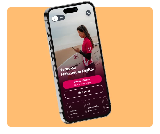 Telemóvel com ecrã inicial da App Millennium antes do login, com imagem da Teresa Bonvalot