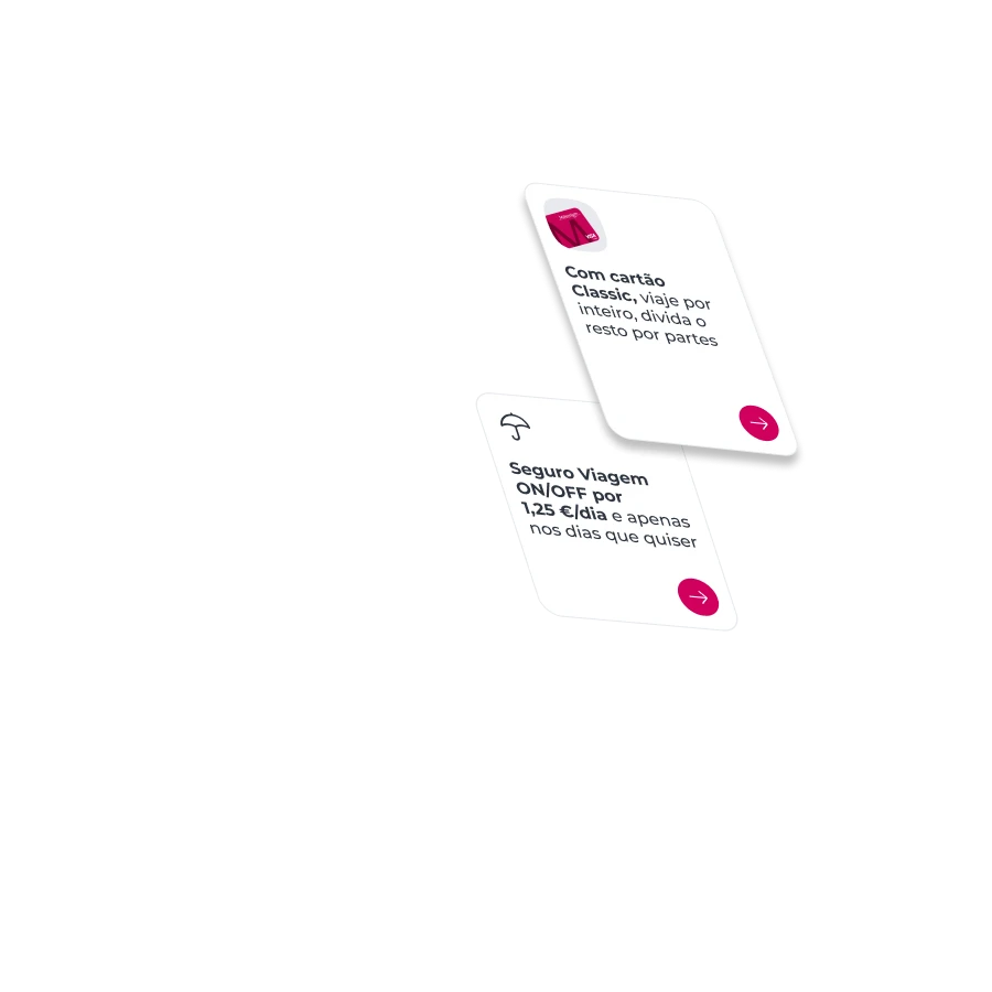 Cartões flutuantes da App Millennium sobre Seguro Viagem ON/OFF e cartão de crédito Classic.