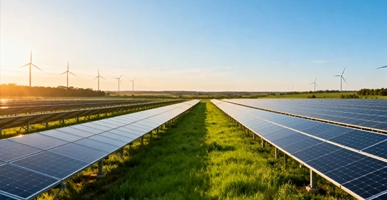 Painéis solares e turbinas eólicas num campo verde ao nascer do sol