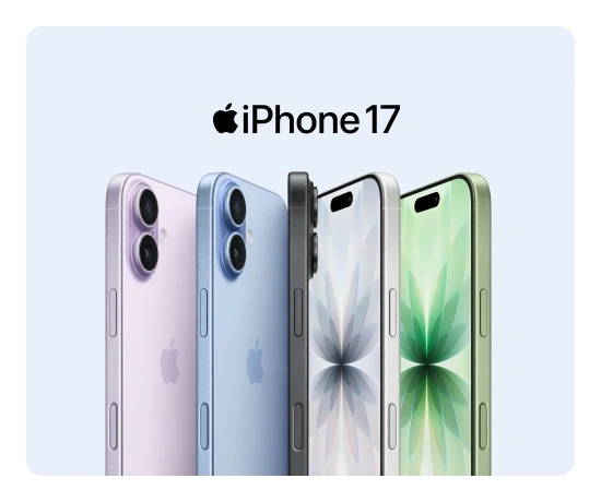 Detalhe da parte superior de cinco modelos de iPhone 17 em várias cores