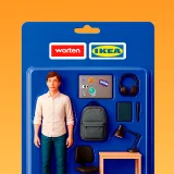 Caixa com uma figura de ação com vários acessórios de escritório