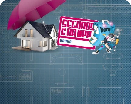 Maquete de casa sob um guarda-chuva rosa e placa a indicar seguros na app