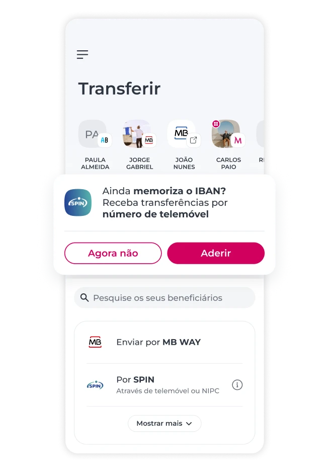 Ecrã da App Millennium na área Transferir com pop-up para aderir ao SPIN