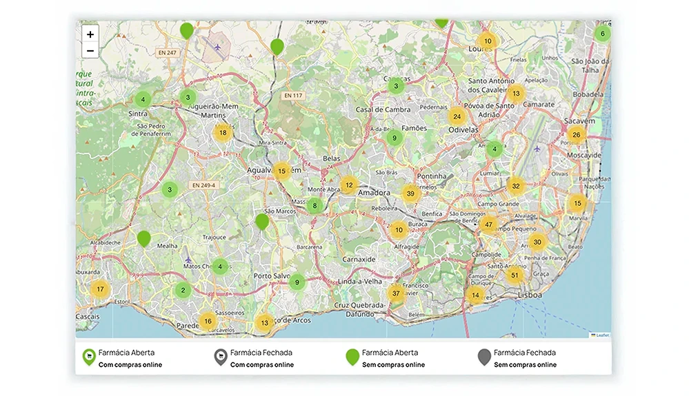 No mapa, escolha a farmácia que lhe convém, com informação de horários e serviços disponibilizados.