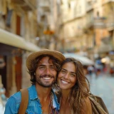 Smiling couple on the street with backpacks on their backs