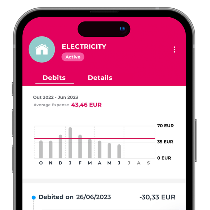 Millennium App screen to manage direct debits