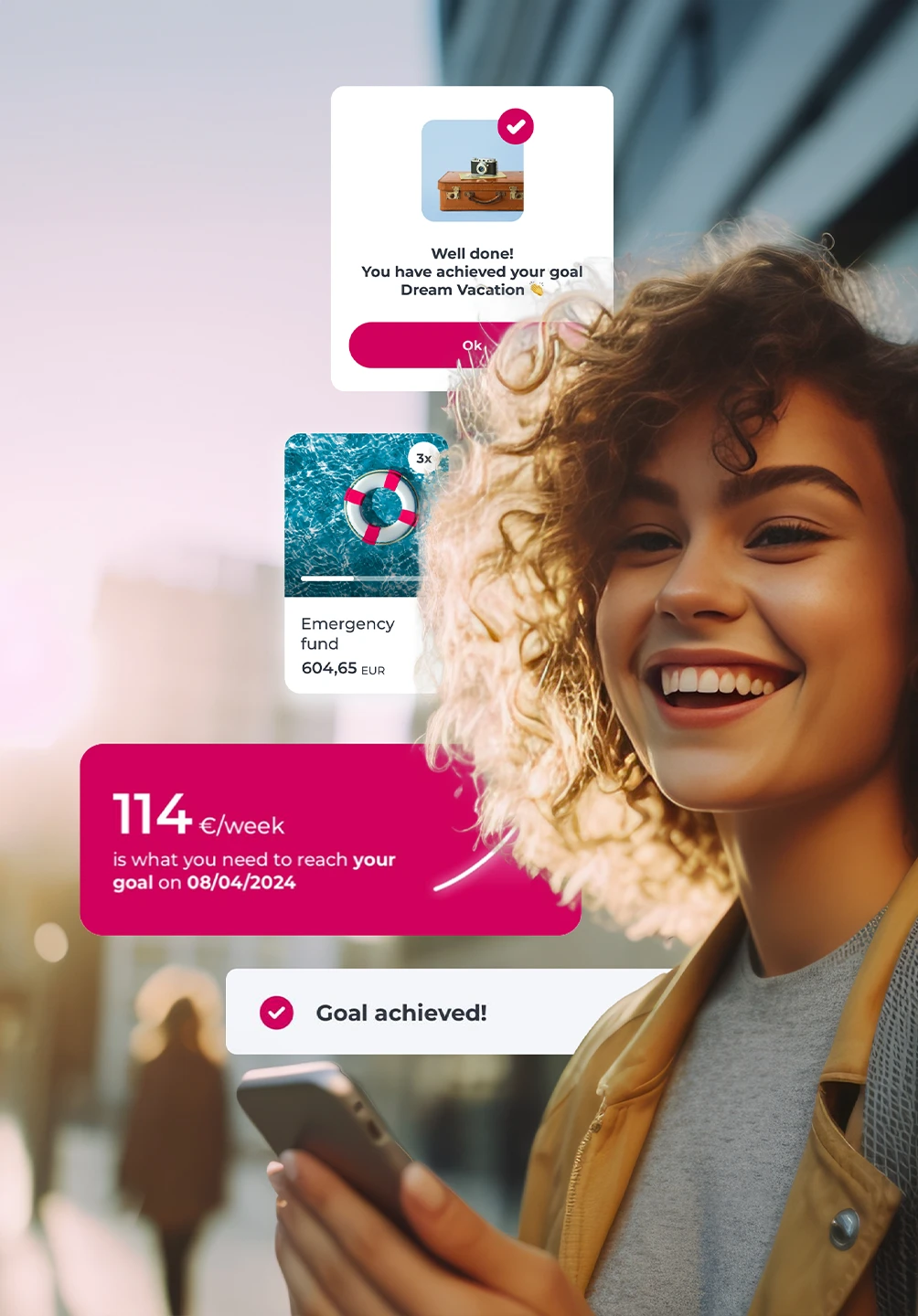 woman smiling with a phone in her hand and illustrations of the Millennium app