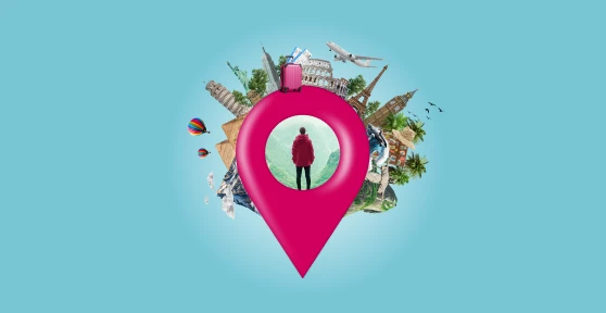 Pessoa numa marca de localização rosa com ícones de viagens ao fundo