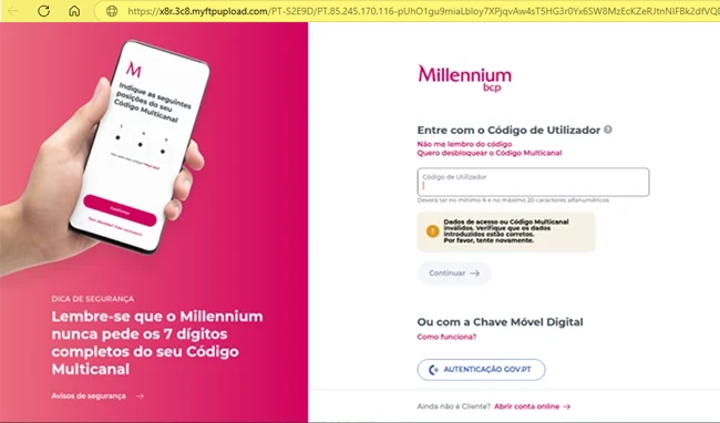 imagem de ecrã falso a imitar Millennium bcp
