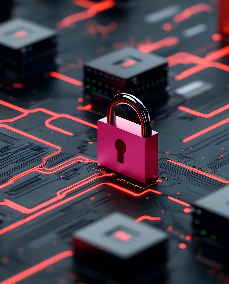 Imagem estilizada de um cadeado sobre um circuito eletrónico