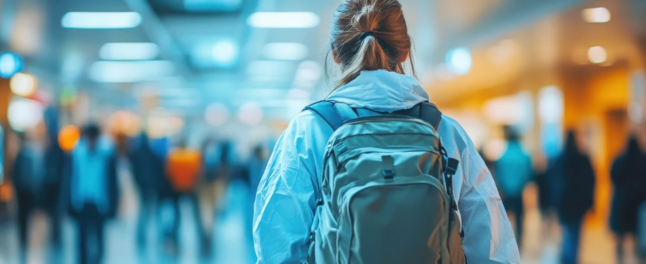Pessoa com mochila às costas a caminhar num terminal de aeroporto