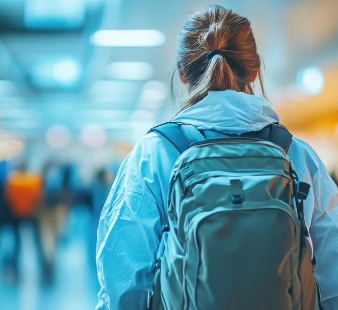 Pessoa com mochila às costas a caminhar num terminal de aeroporto