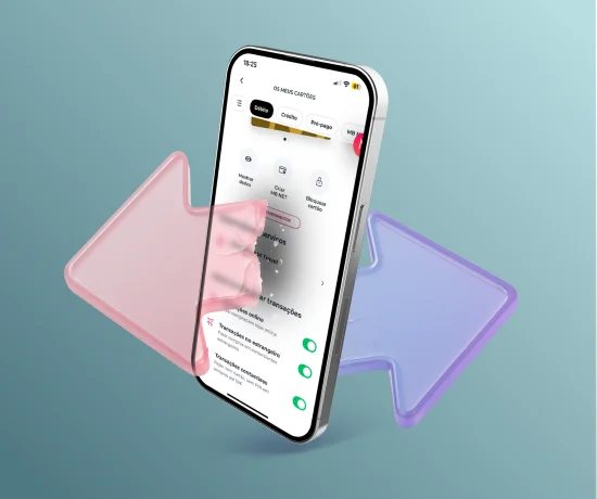 Telemóvel com ecrã da App Millennium com as várias opções de segurança e gestão para o cartão