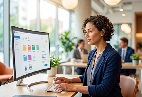 Woman in an office using a file management system on her computer