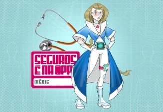 Super-heroína médica em estilo de animação junto ao logótipo dos seguros Médis
