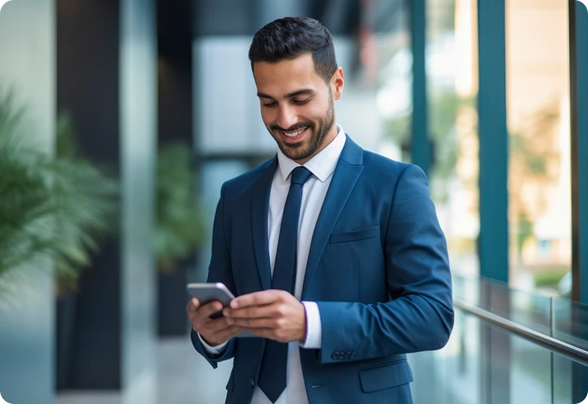 homem de fato, sorridente, a consultar o telemóvel