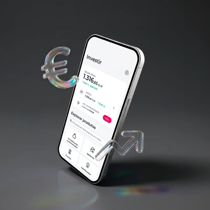 App Millennium de investimentos num telemóvel, com um símbolo de euro e uma seta de crescimento
