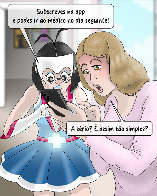 Médis Light mostra a uma mulher como subscrever o seguro de saúde na app do telemóvel.