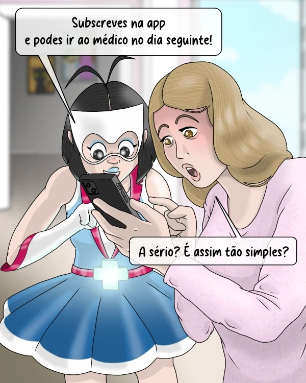 Médis Light mostra a uma mulher como subscrever o seguro de saúde na app do telemóvel.