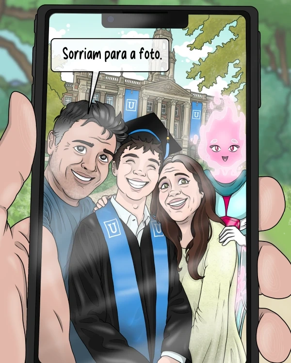 Ecrã de telemóvel mostra selfie de família e da YOLO! na formatura do filho.