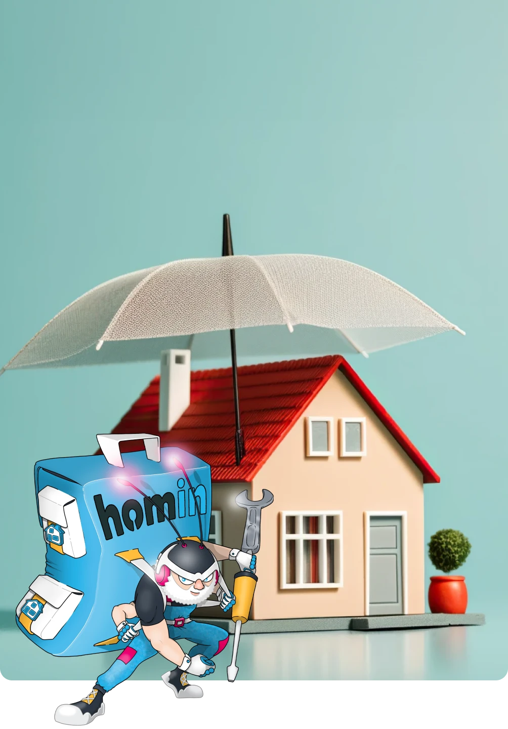 Casa a ser protegida por um guarda-chuva e o herói HOMIN à sua frente