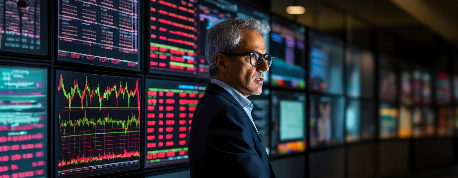 man wearing glasses in a room with investment screens