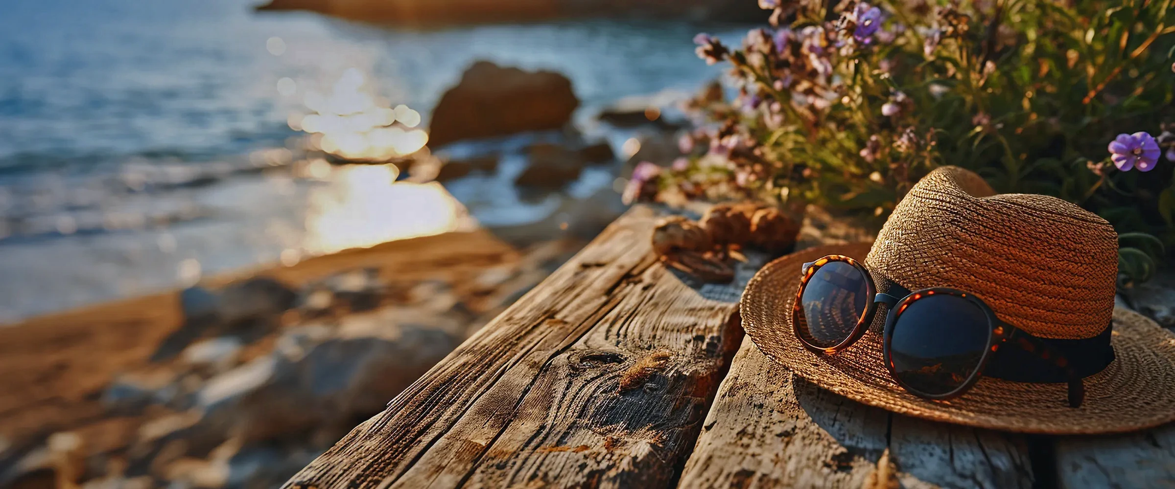 chapéu de palha e óculos de sol, numa mesa de madeira com flores junto ao mar