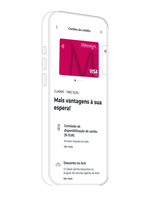 Desenho de um telemóvel com ecrã do cartão Classic na App Millennium