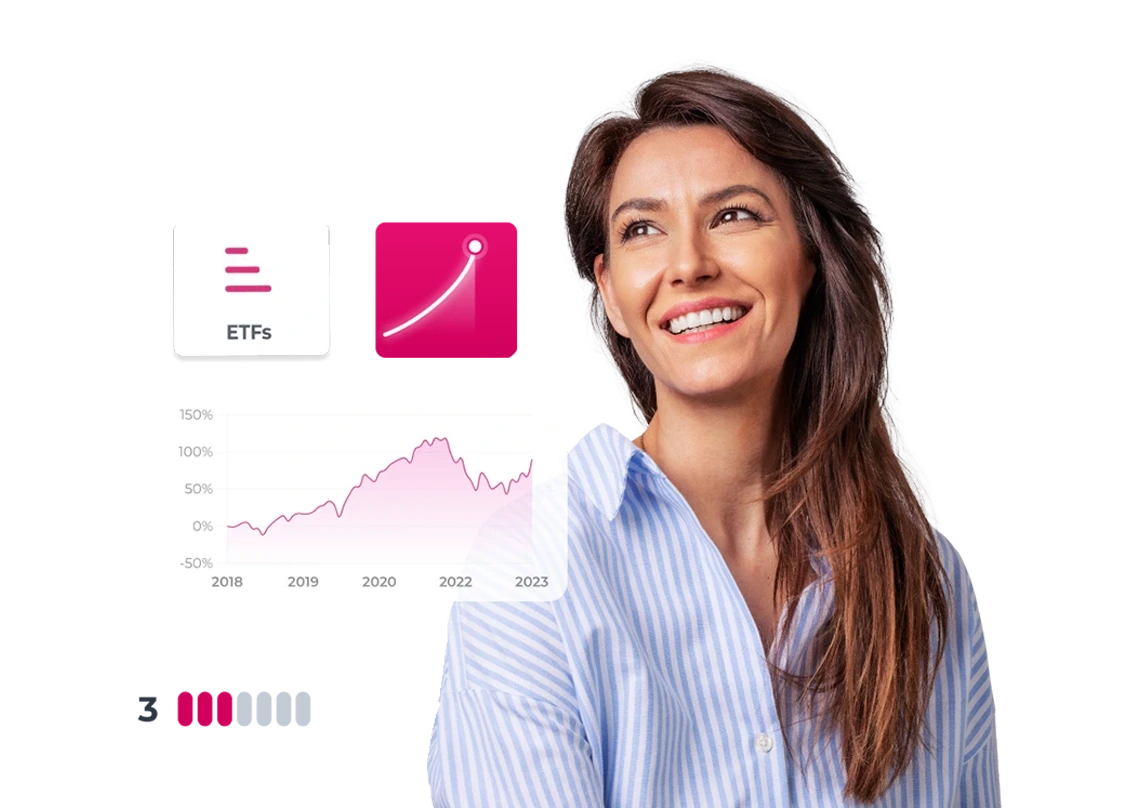 woman smilling, and illustrations of the Investments area of the Millennium App