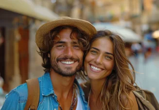 Uma rapariga e um rapaz, ambos com mochilas às costas, a sorrir